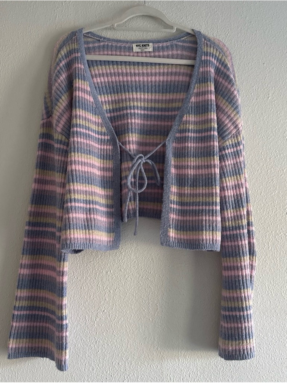 NYC Knits Pastel Striped Bell Sleeve Front Tie Cardigan